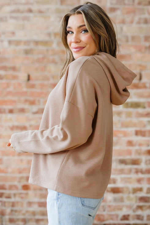 Ribbed Texture Lace Drawstring Drop Shoulder Hoodie
