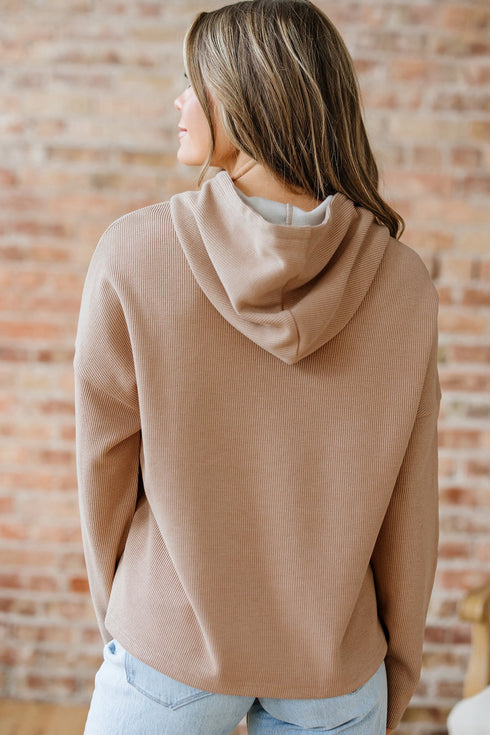 Ribbed Texture Lace Drawstring Drop Shoulder Hoodie