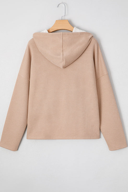 Ribbed Texture Lace Drawstring Drop Shoulder Hoodie