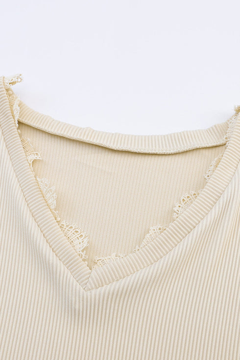 Ribbed Texture Lace Trim V Neck Long Sleeve Top