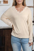 Ribbed Texture Lace Trim V Neck Long Sleeve Top