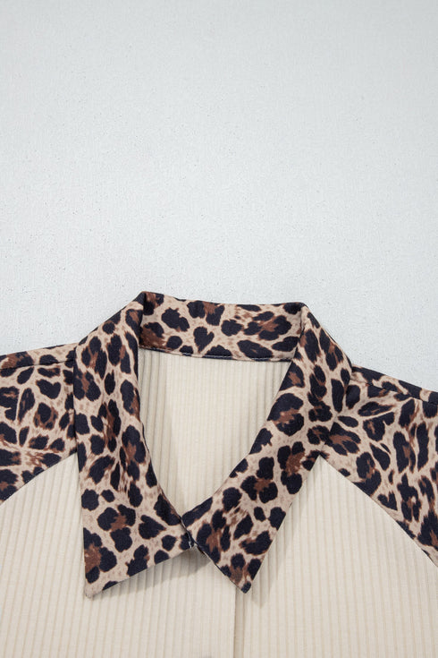 Ribbed Texture Leopard Patchwork Button Down Short Sleeve Shirt