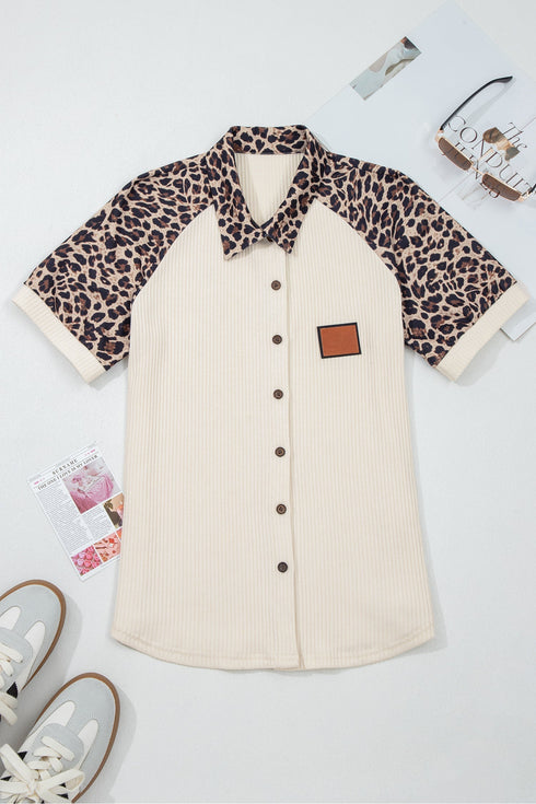 Ribbed Texture Leopard Patchwork Button Down Short Sleeve Shirt
