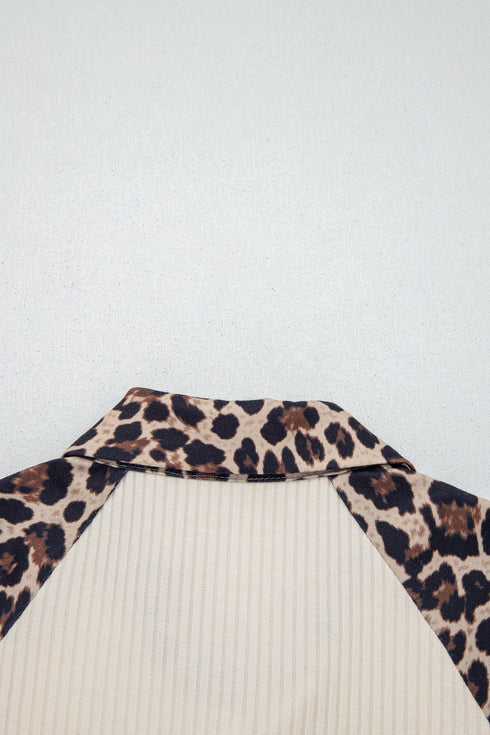 Ribbed Texture Leopard Patchwork Button Down Short Sleeve Shirt