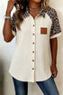 Ribbed Texture Leopard Patchwork Button Down Short Sleeve Shirt