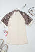 Ribbed Texture Leopard Patchwork Button Down Short Sleeve Shirt