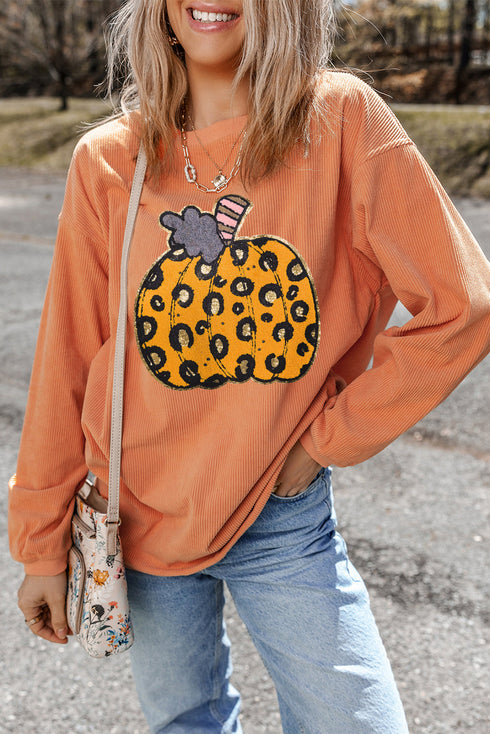 Ribbed Texture Leopard Print Pumpkin Graphic Pullover