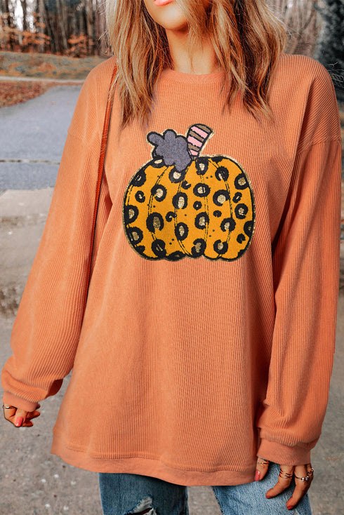 Ribbed Texture Leopard Print Pumpkin Graphic Pullover
