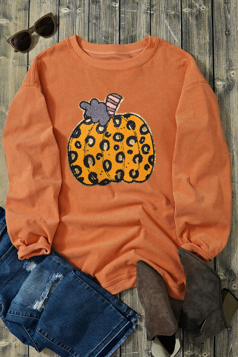 Ribbed Texture Leopard Print Pumpkin Graphic Pullover