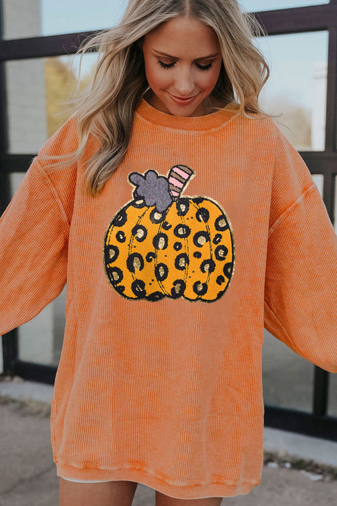 Ribbed Texture Leopard Print Pumpkin Graphic Pullover
