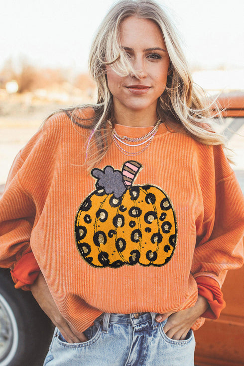 Ribbed Texture Leopard Print Pumpkin Graphic Pullover