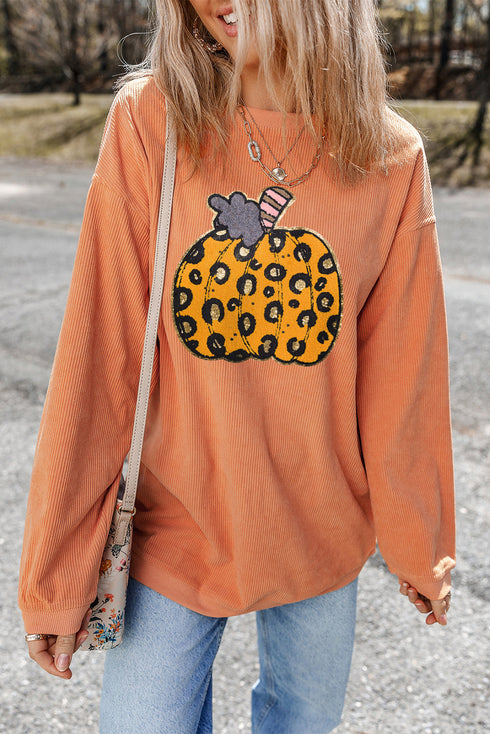 Ribbed Texture Leopard Print Pumpkin Graphic Pullover