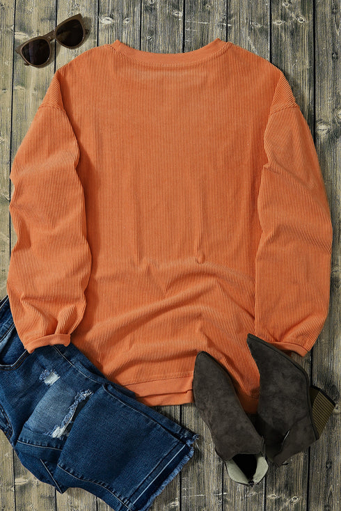 Ribbed Texture Leopard Print Pumpkin Graphic Pullover