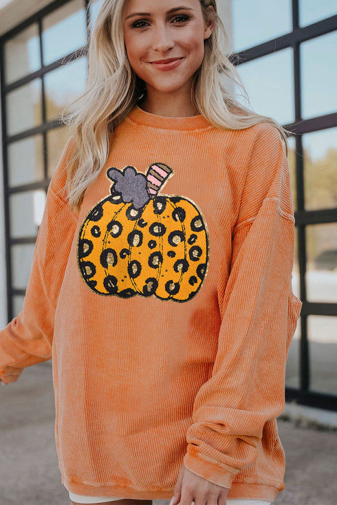 Ribbed Texture Leopard Print Pumpkin Graphic Pullover