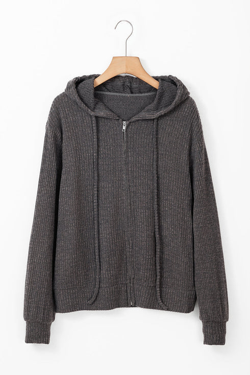 Ribbed Texture Long Sleeve Zip Up Everyday Hoodie