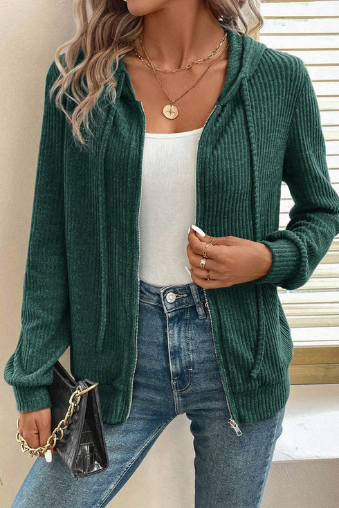 Ribbed Texture Long Sleeve Zip Up Everyday Hoodie