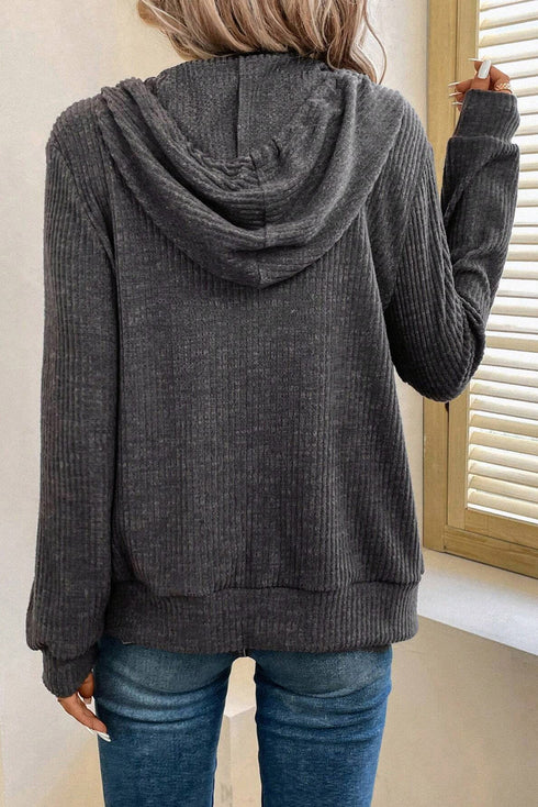 Ribbed Texture Long Sleeve Zip Up Everyday Hoodie