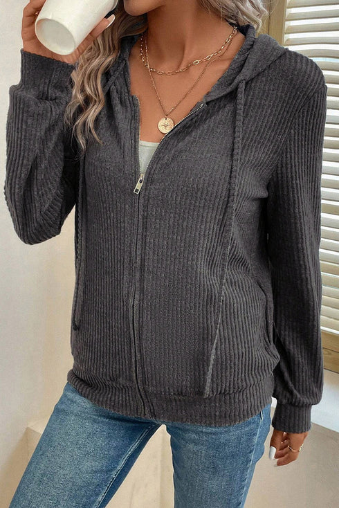 Ribbed Texture Long Sleeve Zip Up Everyday Hoodie