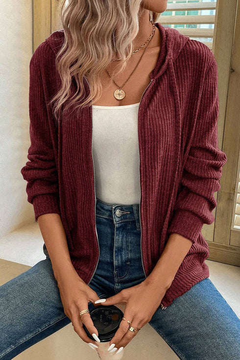 Ribbed Texture Long Sleeve Zip Up Everyday Hoodie