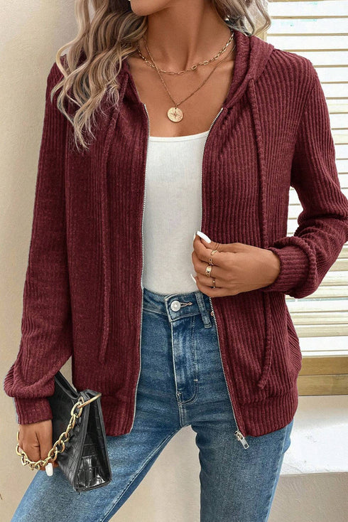 Ribbed Texture Long Sleeve Zip Up Everyday Hoodie