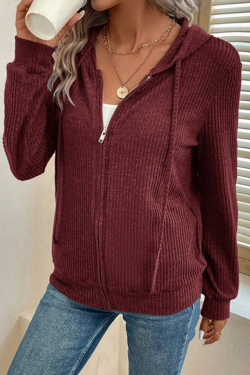 Ribbed Texture Long Sleeve Zip Up Everyday Hoodie