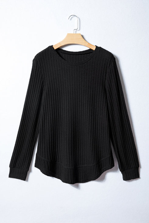 Ribbed Texture Round Neck Long Sleeve Rounded Hem Top