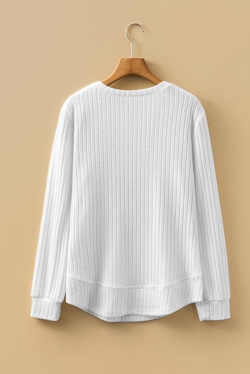 Ribbed Texture Round Neck Long Sleeve Rounded Hem Top