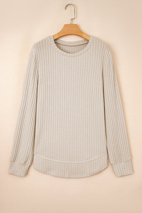 Ribbed Texture Round Neck Long Sleeve Rounded Hem Top