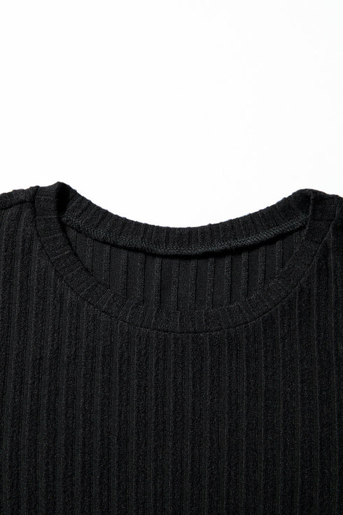 Ribbed Texture Round Neck Long Sleeve Rounded Hem Top