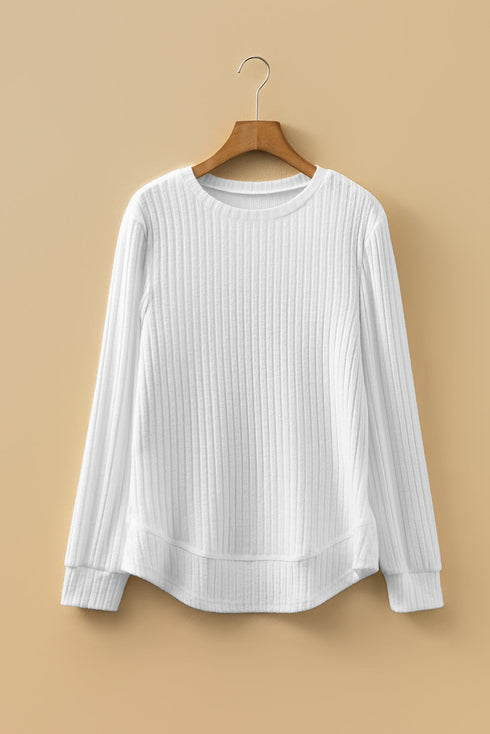 Ribbed Texture Round Neck Long Sleeve Rounded Hem Top