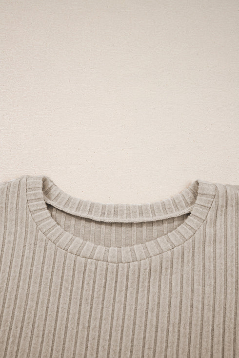 Ribbed Texture Round Neck Long Sleeve Rounded Hem Top