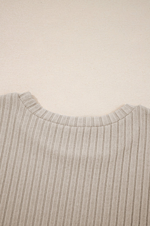 Ribbed Texture Round Neck Long Sleeve Rounded Hem Top