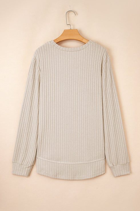 Ribbed Texture Round Neck Long Sleeve Rounded Hem Top
