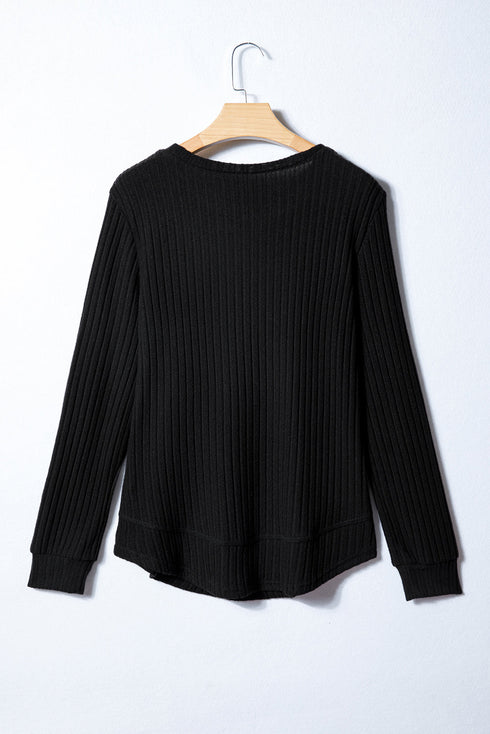 Ribbed Texture Round Neck Long Sleeve Rounded Hem Top