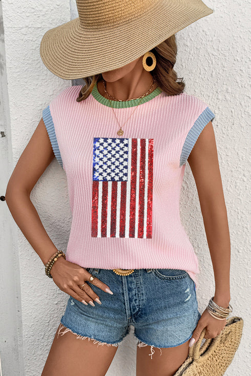 Ribbed Texture Sequin American Flag Graphic Short Sleeve Tee