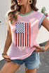 Ribbed Texture Sequin American Flag Graphic Short Sleeve Tee