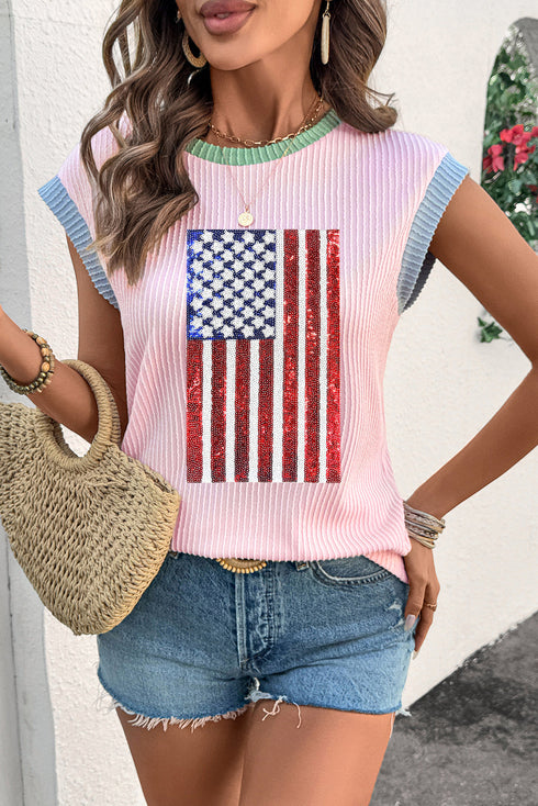 Ribbed Texture Sequin American Flag Graphic Short Sleeve Tee