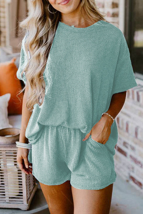 Ribbed Textured Knit Loose Fit Tee and Shorts Set