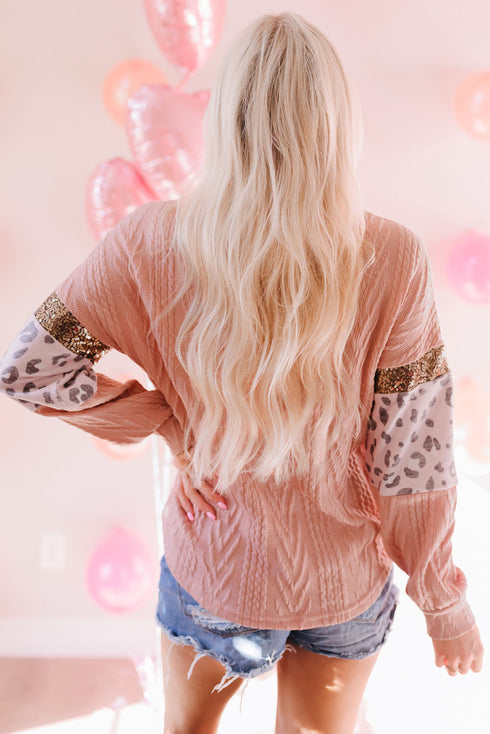 Ribbed Textured Knit Sequin Leopard Sleeve Top