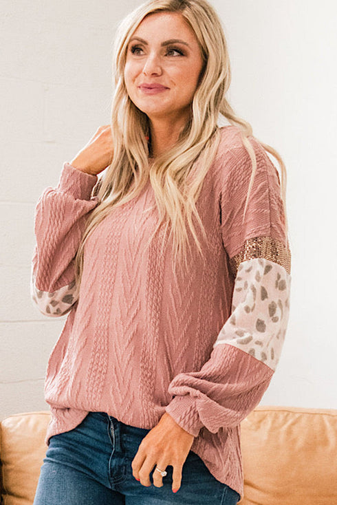 Ribbed Textured Knit Sequin Leopard Sleeve Top