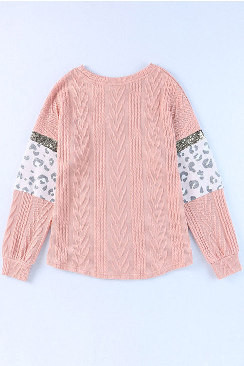 Ribbed Textured Knit Sequin Leopard Sleeve Top