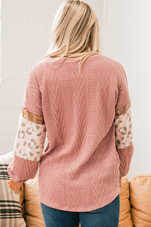 Ribbed Textured Knit Sequin Leopard Sleeve Top