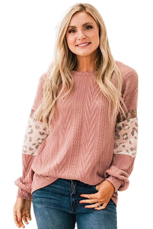 Ribbed Textured Knit Sequin Leopard Sleeve Top
