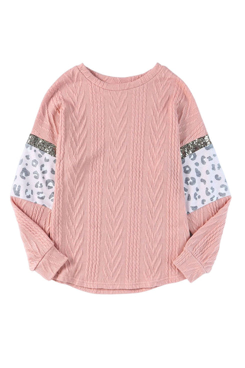 Ribbed Textured Knit Sequin Leopard Sleeve Top