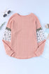 Ribbed Textured Knit Sequin Leopard Sleeve Top