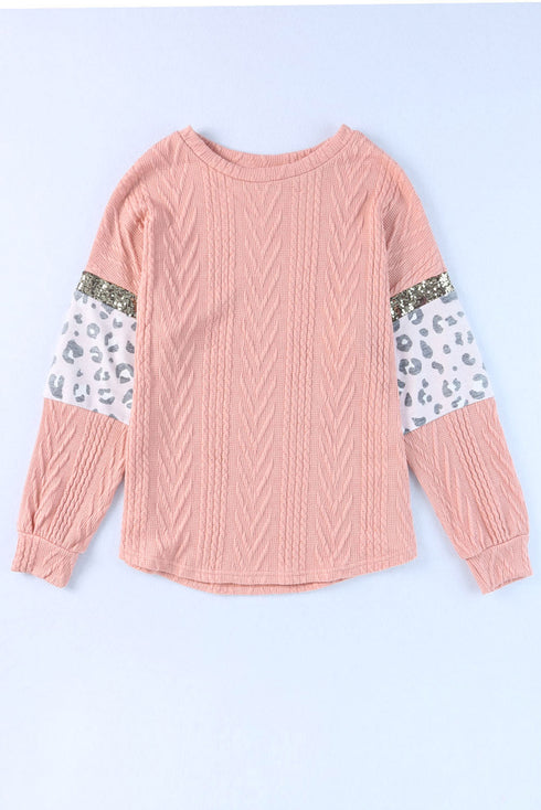 Ribbed Textured Knit Sequin Leopard Sleeve Top