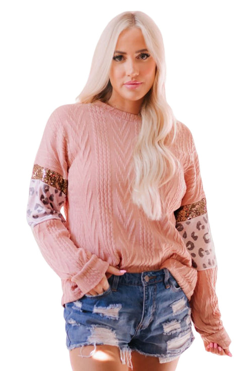 Ribbed Textured Knit Sequin Leopard Sleeve Top