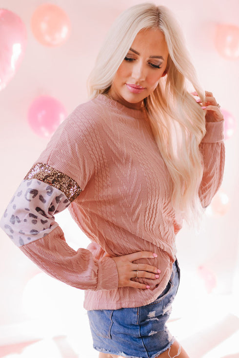 Ribbed Textured Knit Sequin Leopard Sleeve Top