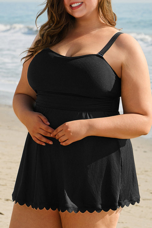 Ribbed Textured Scalloped Trim Swim Dress Swimwear