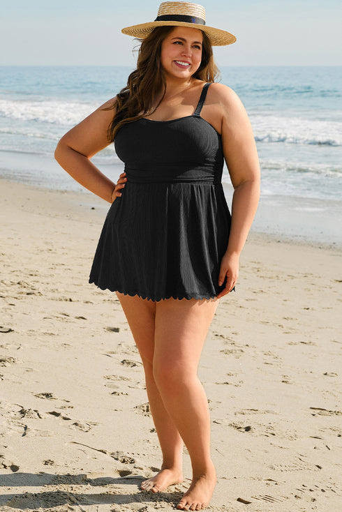 Ribbed Textured Scalloped Trim Swim Dress Swimwear